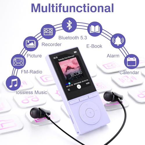 Image of 64GB MP3 Player with Bluetooth 5.3, Music Player with HiFi Sound for Sports Runners, 2.4 inch Screen MP3 Player Built in HD Speaker Voice Recorder E-Book, Expanded Up to 128GB, Earphone Included, Purple