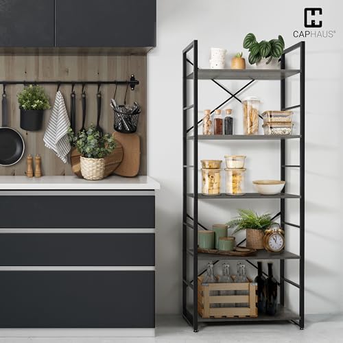 Image of CAPHAUS 5 Tier Bookshelf, 24 Inch Width Free Standing Shelf, Bookcase Shelf Storage Organizer, Industrial Book Shelves for Home Office, Living Room, Kitchen, Dark Grey Vintage Shelves & Metal Frame