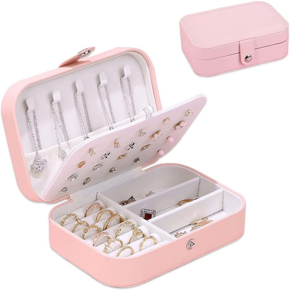 CheloryChelory Small Jewelry Box for Earrings Rings Necklaces Bracelets, PU Leather Portable Travel Jewelry Organizer Case for Women Girls Gift, Mini Double Layer Jewelry Holder Storage Display, Pink