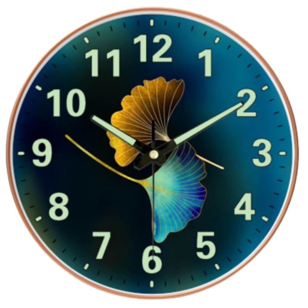 M.T. BROTHERS Glass 12-Inch Radium Glow in The Night Silent Analog Wall Clock- Modern Battery-Operated Non-Ticking Night Light Clock with Large, Easy-to-Read Numbers for Home (Radium Blue Flower)