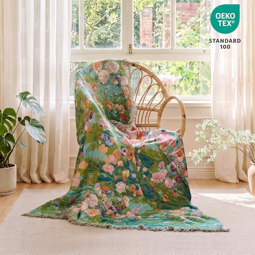 Image of MSGKV Boho Throw Blanket 50 inchx60 inch Cotton Floral Muslin Blanket for Sofa