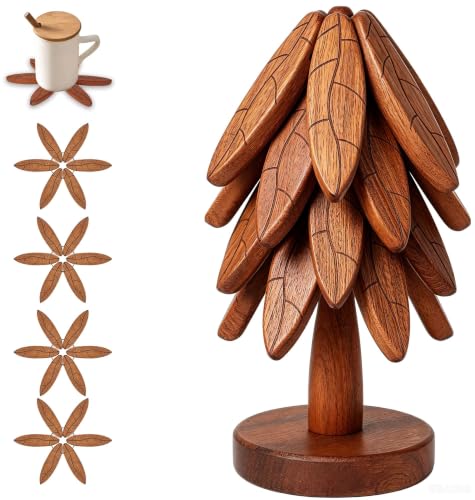 Wood Tree Coaster Set with Stand | Leaf Anti‑Slip Pattern Trivets for Hot Dishes Pots Teapots Bowl | Heat Resistant Kitchen Trivet Set | Natural Wood Home Decor (Texture- 4 Pcs) - image 1