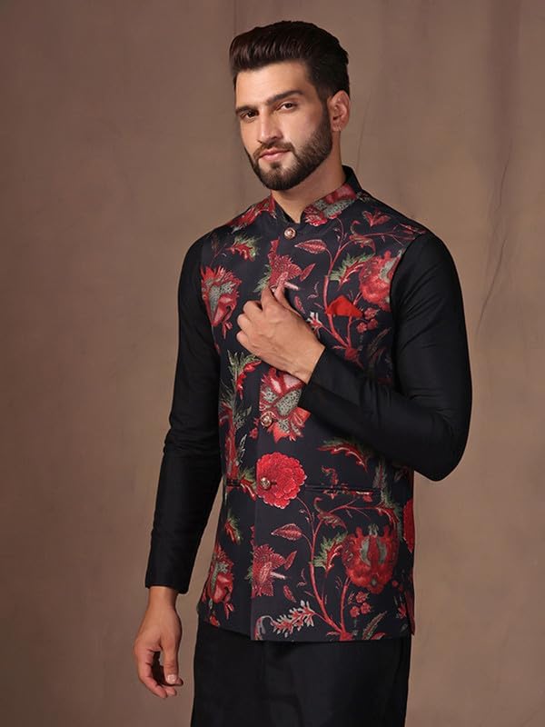 Image of KISAH Men's Cotton Blend Printed Nehru Jacket | Ethnic Waistcoat Wedding Festive