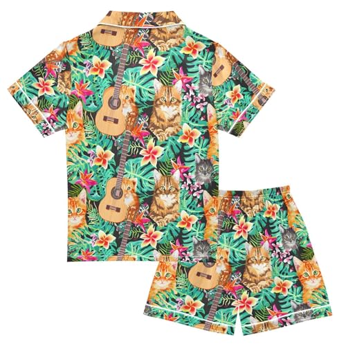 ALAZA Colorful Hawaiian Cat Kitten Guitar Pajamas Satin Pajama Set Short Sleeve Button Down Sleepwear2