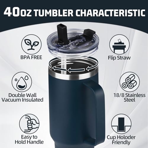 Image of 40 oz Tumbler with Handle and Flip Straw, 100% Leakproof Insulated Tumbler with Lid and Straw, Stainless Steel Insulated Travel Coffee Mug, Insulated Coffee Thermal Cup for Cold and Hot (Deep Blue)