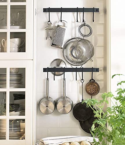 Image of Wall Mounted Kitchen Rail for Utensils - 17 Inch Black Iron Hanging Rack with 15 S-Shape Hooks | Heavy Duty Pot, Pan, Tawa & Spatula Organizer | Space-Saving Cookware Storage Bar for Kitchen