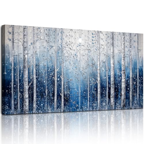 SERIMINO Birch Tree Landscape Wall Art, Abstract Forest Large Artwork for Walls, Modern Blue Aesthetic Canvas Prints, Nature Plant Trunk Wall Decor Living Room Bedroom Bathroom Kitchen 24"X48"