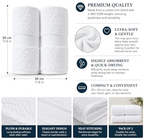 Image of Sulfar 100% Terry Ring Spun Cotton Face Towel - Quick-Dry, Highly Absorbent (480 GSM) (30 x 30 Cm) White (Pack of 2)