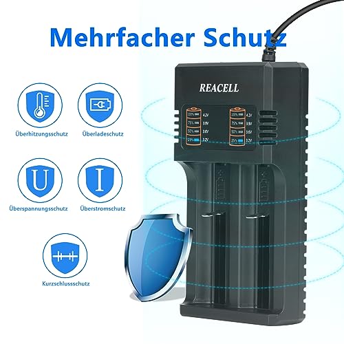 REACELL 18650 Ladegerät, Universal Akkuladegerät mit 2 Schacht für 3,7 V 18650, 26650, 18500, 18350, 17670, 17500, 16340, 14500, 10440 Li-Ion Akku mit USB Kabel