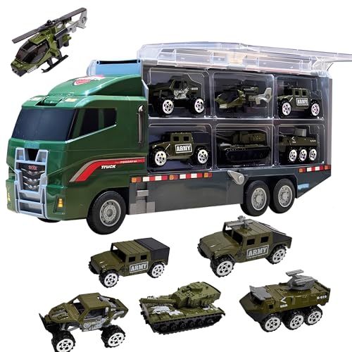Image of Kidology Military Truck Toy Set 6-in-1 Army Vehicle Transport Truck with Mini Tanks, Helicopter, Combat Cars, and Carrier, Military Toy Vehicles for Boys & Girls, Kids Ages 3+