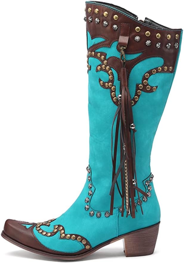 MRKEWUNEY Mid Calf Fringe Cowboy Boots for Women