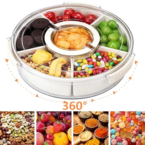 Snackle Box Container Divided Serving Tray with Lid, 6-Compartment Portable Spinning Round Stackable Container, Handle for Organize Veggies, Fruit, Candy, Party Snacks, Nuts, Kitchen Party Essentials — view 3