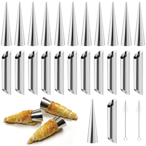 YIXNSW Juego de 26 moldes para hornear Cannoli, antiadherente, con 2 cepillos de limpieza para croissants con mantequilla