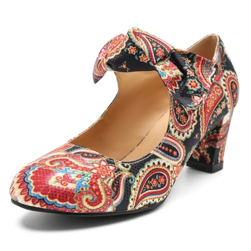 LIURUIJIA Women's Bow Mary Janes Block Heel Pumps Round Toe Ankle Strap Wedding Evening Party Dress Shoes