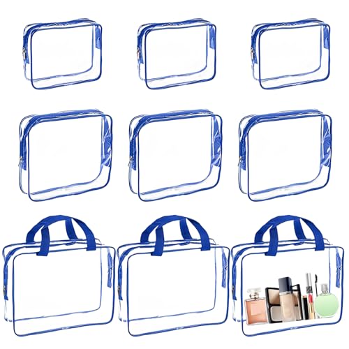TOATELU 9 Pièces Trousses de Toilette Transparentes, Trousse de Rangement pour Jouets, Trousse de Maquillage, Trousses de Toilette de Voyage, Organisateur de Valise pour Femmes, Hommes, Famille (Bleu)