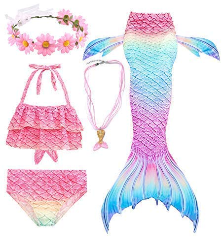 Conjunto de 5 Piezas Cola de Sirena para Nadar para niñas Traje de baño Sirena Incluyendo Coronas y Collares (HXGB12,110)