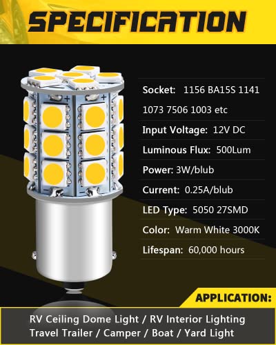 Qoope 1156 1141 Led Bulb Warm White Super Bright 1003 Ba15S 7506 1073 Led Light Bulbs 5050 27-Smd Replacement For 12V Rv Camper Trailer Boat Interior Lights, Pack Of 10 #TOP2