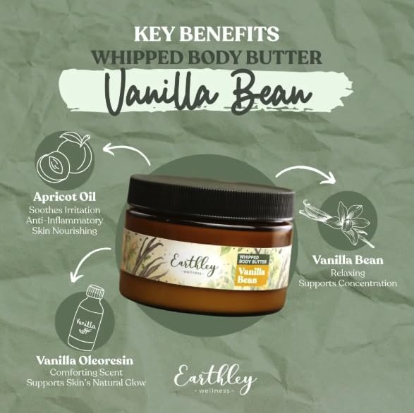 Earthley Wellness Whipped Body Butter Vanilla, Natural Body Butter with Mango Butter & Apricot Oil, Nourishing Skin Butter for Dry Skin, Ultra-Hydrating & Soothing Moisturizer (8 oz)