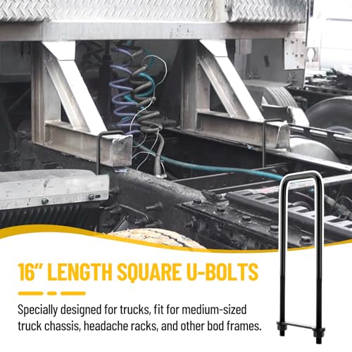 Image of 16 Inch Square Bend U-Bolt Kit for Truck Chassis | Heavy-Duty Steel Suspension Leaf Spring U Bolts with 6 Inch Tie Plates
