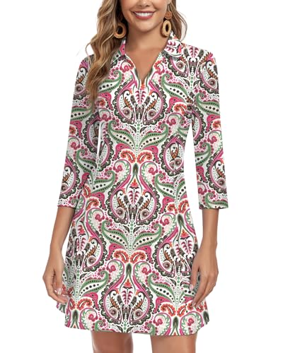 Image of WOWENY 3 /4 Sleeve Dress for Women with Pockets V Neck UPF 50+ Casual Sun Dress Breathable Quick Dry Beach Vacation