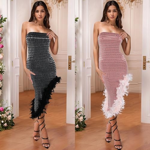 Image of Jigfar Women Sexy Elegant Rhinestone Mesh See Through Party Club Night Split Bodycon Formal Maxi Dress