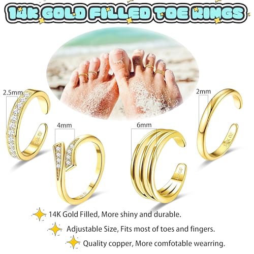 4PCS Toe Rings for Women Gold Adjustable 14K Gold Filled Toe Ring Set Simple Cute Thin Band Hawaiian Beach Summer Foot Jewelry Waterproof Gold Toe Rings 5