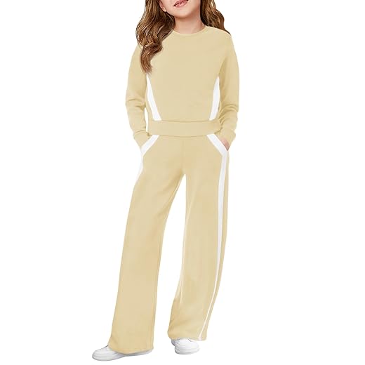 Haloumoning Girls 2 Piece Fall Outfits Color Block Sweatshirt and Elastic Wide Leg Sweatpants Clothing Sets 5-14 Years