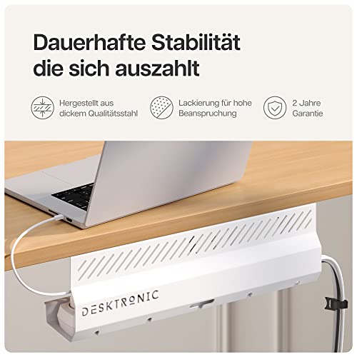 Desktronic Kabelkanal Schreibtisch Weiß 2er Set - Edelstahl Kabelmanagement Schreibtisch Kabelkanal mit 5 Kabelausschnitten - Einfach zu Installierender Kabel-Organizer - Kabelhalter