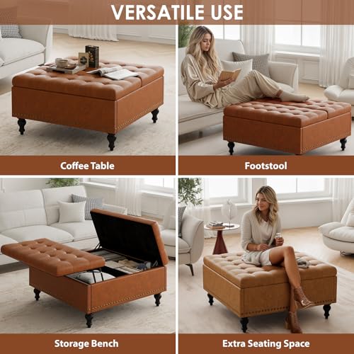 iabifo Large Square Storage Ottoman Bench, Button Tufted Upholstered Coffee Table Ottoman with Solid Wooden Legs, Easy-to-Assemble, Reddish-Brown