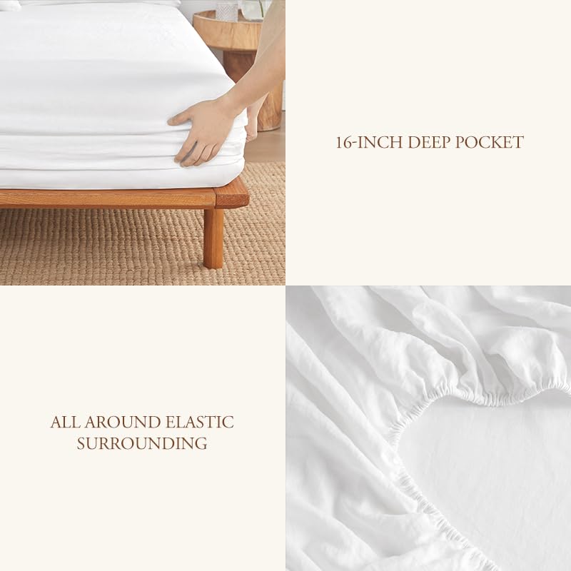 DAPU Pure Linen Sheets Set, 100% French Linen from Normandy, Breathable and Durable for Hot Sleepers, 4 Pcs Set - 1 Flat Sheet, 1 Fitted Sheet, 2 Pillowcases (White, California King)