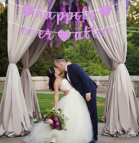 Image of Pre-Strung Happily Ever After Banner - Purple Glitter Bachelorette Bridal Engagement Party Decoration Supplies, Bachelorette Wedding Party Banner for Engagement, Bridal Shower, Wedding Party Photo Booth Props