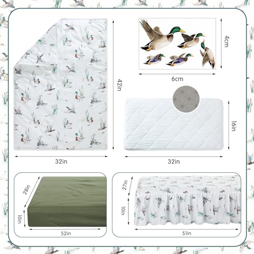 Image of SmoothNovelty 5 Pcs Mallard Duck Crib Bedding Set Include Print Crib Sheets Bed Skirt Comforter Pad Cover Wall Stickers for Boys Girls Duck Nursery Room Decoration