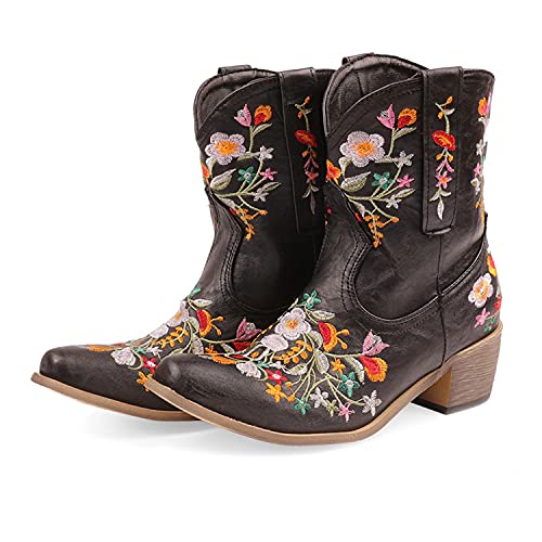 gloryinterest Cowboy Boots for Women Ankle Cowgirl Boots Western Flower Embroidered Square Toe Chunky Heel Stitched Retro Black Brown Red Blue Yellow Purple US5.5-10.54
