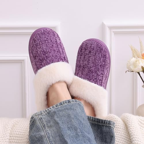 Image of Evshine Warm Knit House Slippers for Women Comfy Wool-Like Lined Chenille Slippers with Memory Foam and Indoor Outdoor Soles