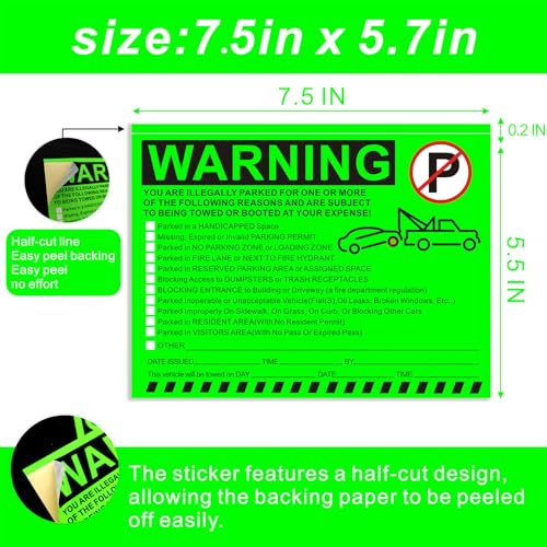 Image of Illegal Parking Warning Stickers - Vibrant Green Parking Violation Notices - Stick-it-and-Forget-it Adhesive - 50 pcs Private Parking Violation Decals for Car Windows - Size 5.5X7.5 inch.