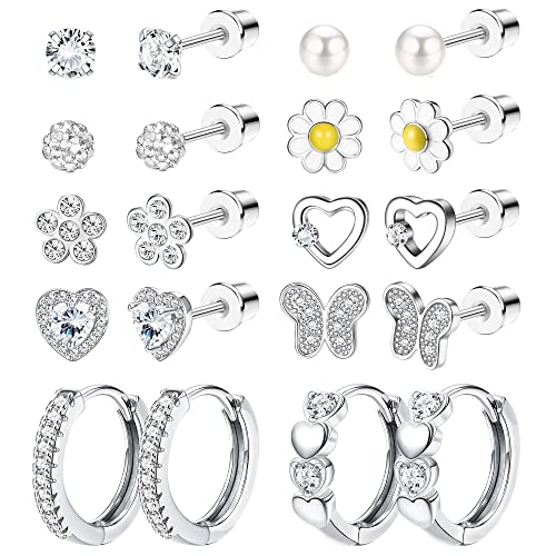 Hypoallergenic Screw Back Earrings for Girls Women Surgical Steel Earrings Cute Girls Earrings Set For Sensitive Ears10 Paris Colorful CZ Flower Butterfly Stud Hoop Earrings