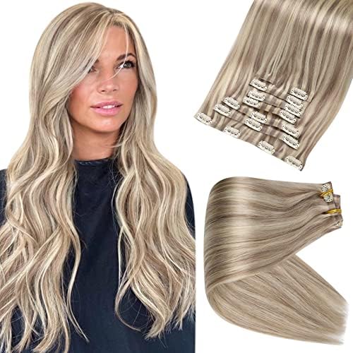 Full Shine Seamless Clip in Human Hair Extensions 8 Pcs Blonde Highlight PU Clip in Extensions Full Head for Thin Hair, Skin Weft Clip in Hair Extensions Remy Hair 120 Grams 18 Inch