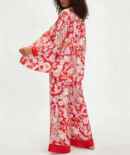 Image of Women Satin Pajama Set Floral Silk Pajamas 2 Piece Lounge Sets Button Down Shirts Wide Leg Pants Pjs Sleepwear
