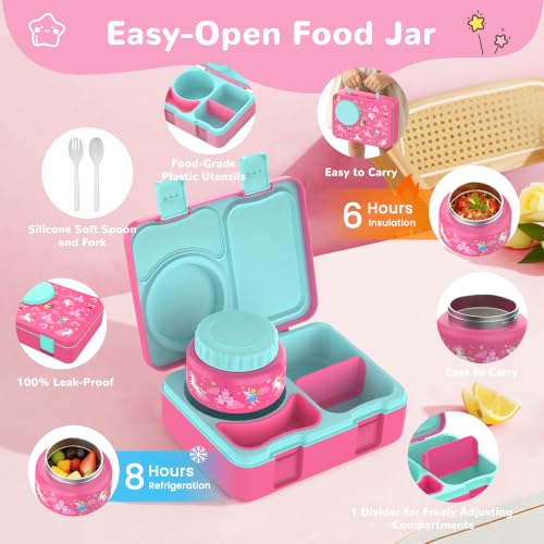 Image of Bento Box for Kids, Leakproof Kids Lunch Box with 8.5OZ Thermo Food Jar & Lunch Bag, 3-4 Compartments Toddler Insulated Lunch Box for Girls, BPA Free Lunch Containers for School Daycare