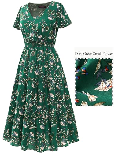 Image of Bridesmay Women's Summer Floral Midi Dress V Neck Short Sleeve A-Line Casual Beach Vacation Dresses Flowy