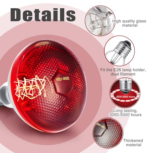 Image of VIHOSE 4 Pack Heat Lamp Bulbs, Red Infrared Bulbs 120 V, 250 Watt | Thickened Heat Lamp for Chickens, Food Service, Reptile, Pet, Bathroom, Light Therapy Use E26 Base