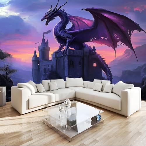 Papel Pintado Juego Dragon Castle Sky 300 x 210 cm Fotomurales decorativos modernos de pared en tejido no tejido Color Naranja, para murales fotográficos para salón o dormitorio