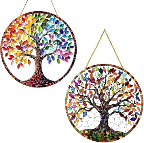 Image of Samyosaien 2-Pack Tree of Life Garden Wall Decorations, Outdoor Round Wall Art Hanging Ornaments for Patio, Fence, Yard - Weatherproof Acrylic