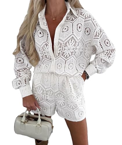 Ensemble crochet femme SOMTHRON chemise boutonnée œillets short large style décontracté été