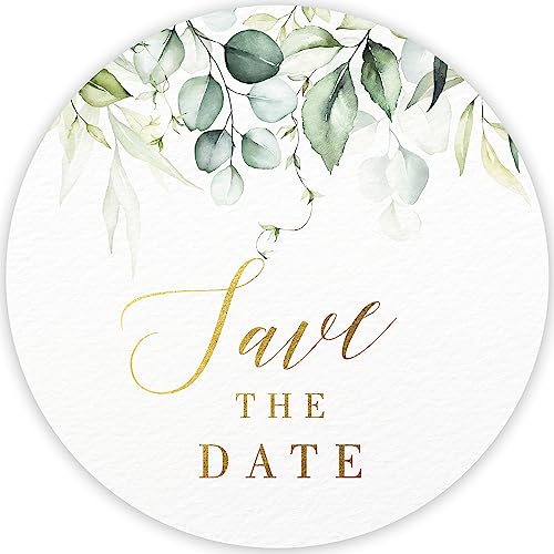 Mobiusea Creation Greenery Save The Date Stickers for Envelopes | 1.4 inch | Gold Foil | 108pcs Waterproof Invitation Stickers for Wedding, Bridal Shower, Birthday, Baby Shower