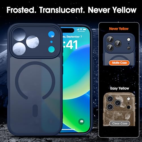 Image of Oterkin Magnetic for iPhone 17 Pro Max Case Matte, Full Camera Protection Compatible with MagSafe Frosted Translucent Shockproof Anti-Scratch Slim Fit Case Military Grade Protection (Dark Blue)