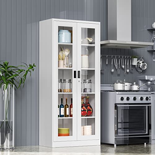Afaif Curio Cabinet Glass Display Cabinet With Glass Door & 4 Adjustable Shelves, 71" Tall Metal Storage Cabinet,Freestanding White Bookshelf Bookcase Liquor Cabinet For Home Office Living Room Pantry #TOP5