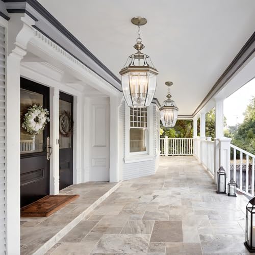 Image of Large Outdoor Pendant Light Fixture 3-Light, 20in Modern Silver Outdoor Chandelier Hanging Porch Light, Metal Exterior Ceiling Mount Hanging Lantern with Clear Glass for Front Door, Entrance, Gazebo