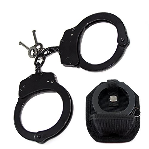 Chain Handcuffs Professional Heavy Duty Police Style Handcuffs Double Lock with Nylon Case Holster, Black