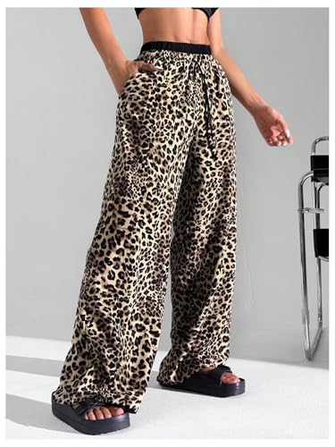 WDIRARA Women's Leopard Print Drawstring Waist Loose Fit Wide Leg Pants with Pockets3